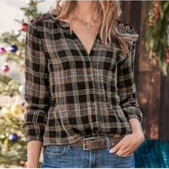 Sundance Silk Velvet Plaid Embroidered Boho Blouse Size XS - Picture 1 of 7